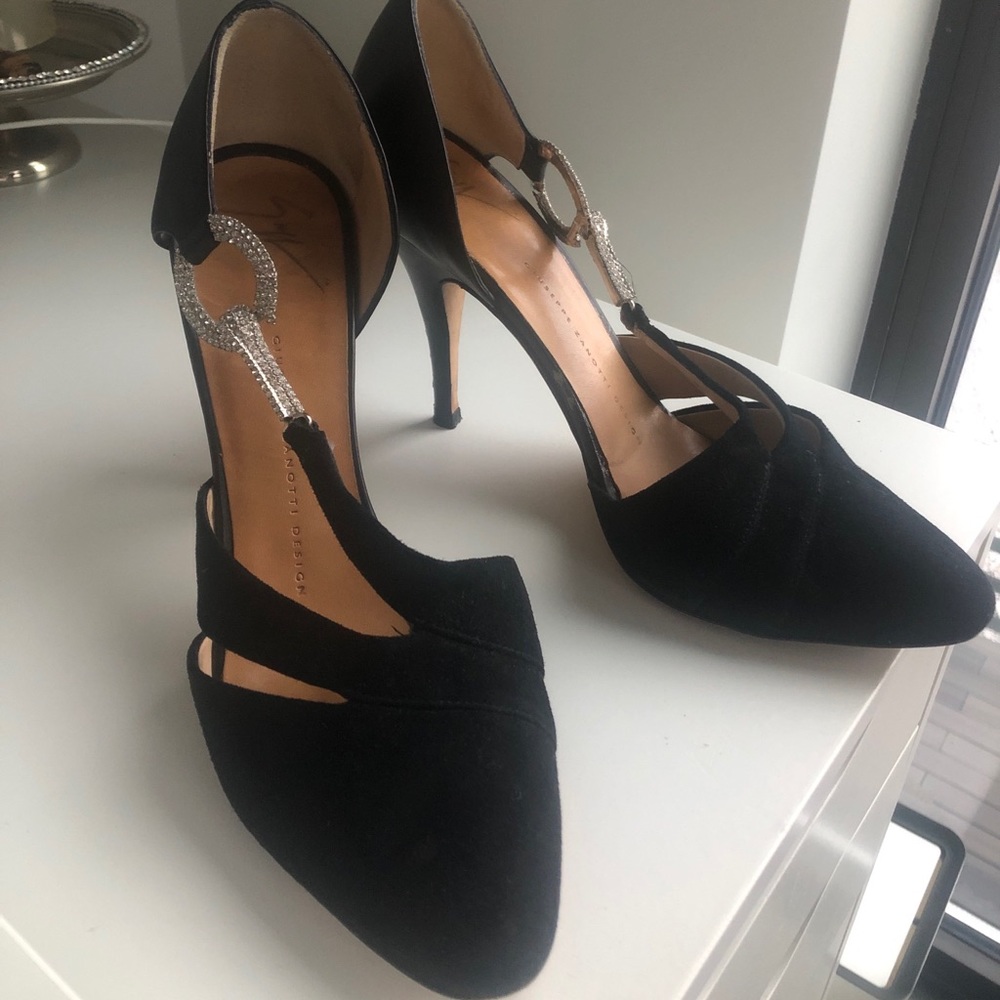 Black Suede and Leather Pumps with Crystal Accent Buckle